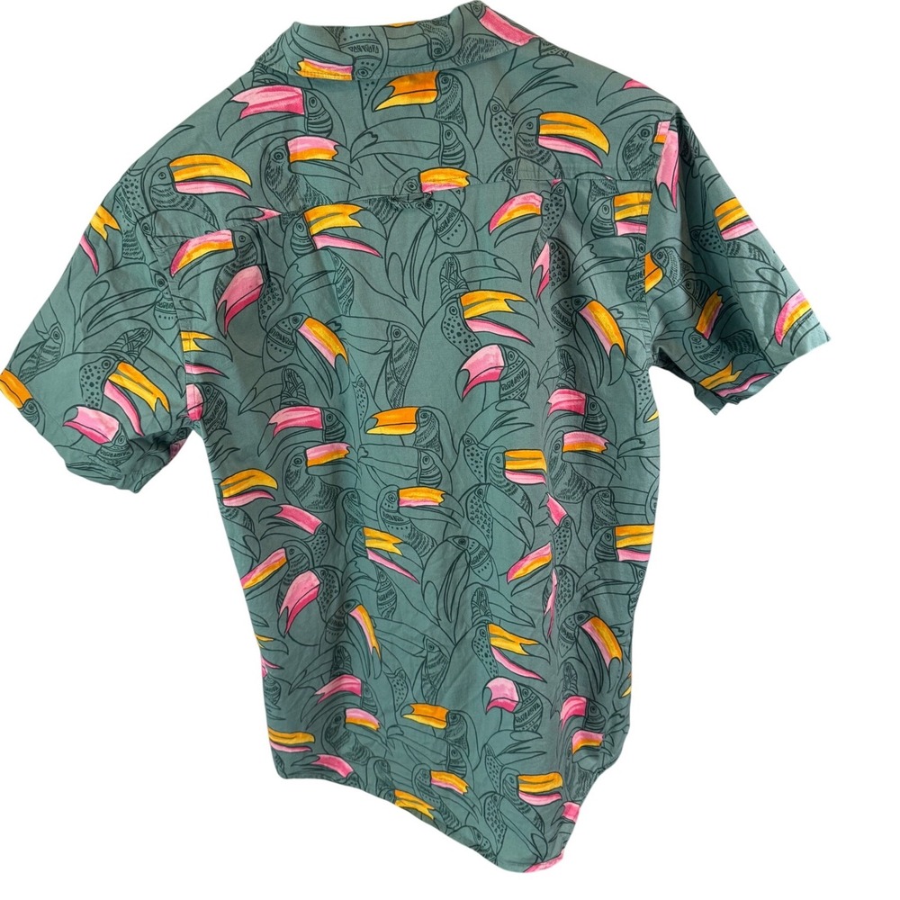 Hurley Mens SM Toucan Bird Print Button-Down Shirt Green Short Sleeve Tropical - Picture 3 of 10